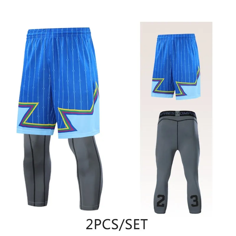 2pcs Set Men Running Shorts Leggings Fitness Compression Sweatpants Gym Jogging Outdoor Sport Basketball Football Clothes v1