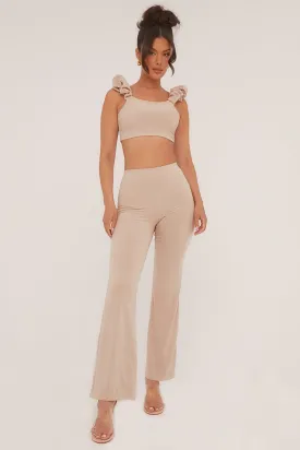 Beige Frill Detail  Cropped Top & Wide Leg Trousers Co-ord Set - Sophie