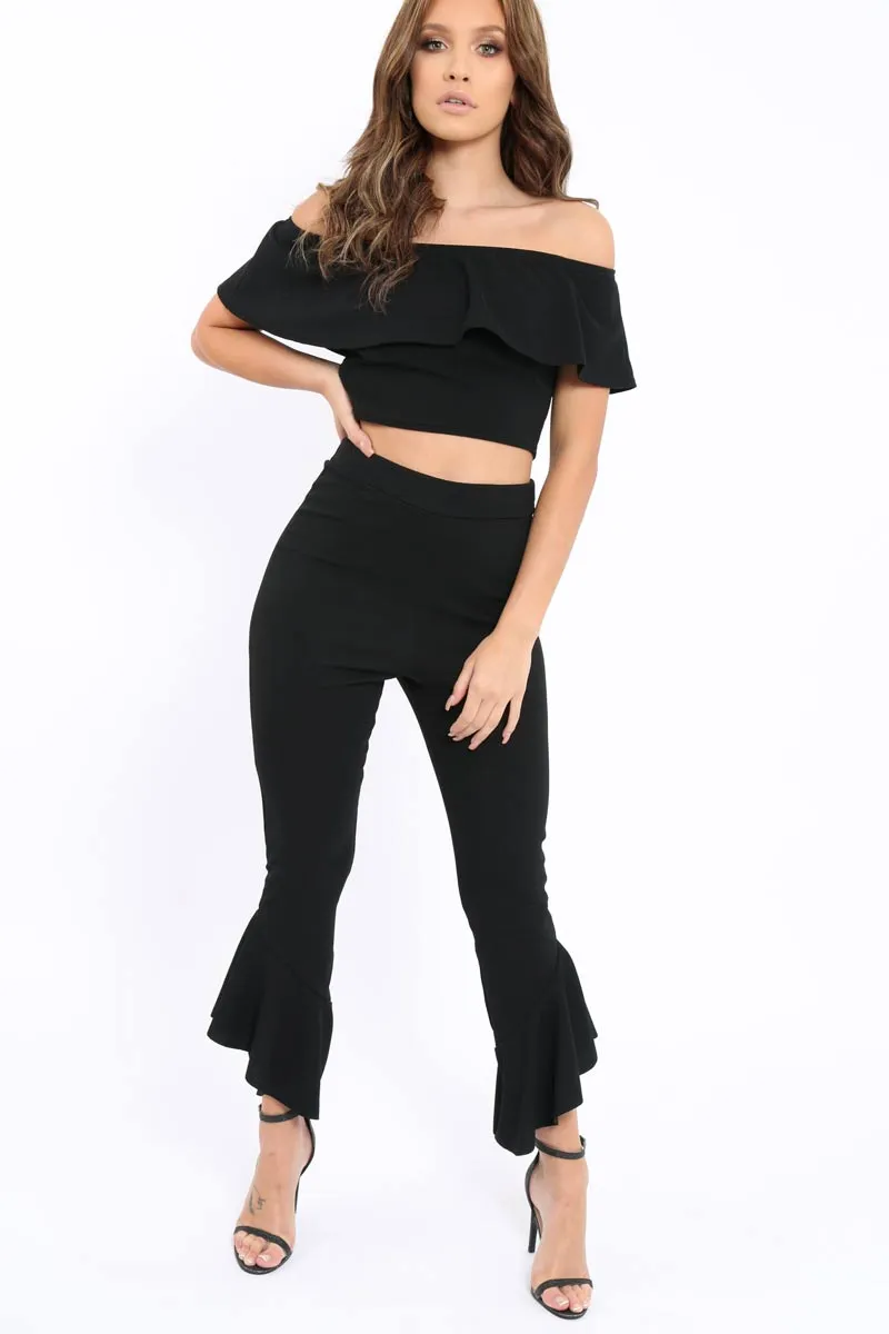 Black Bardot Crop Top And Dip Hem Trousers Co-ord Set - Alexiah