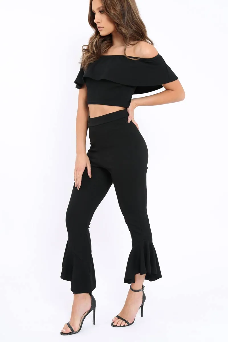 Black Bardot Crop Top And Dip Hem Trousers Co-ord Set - Alexiah