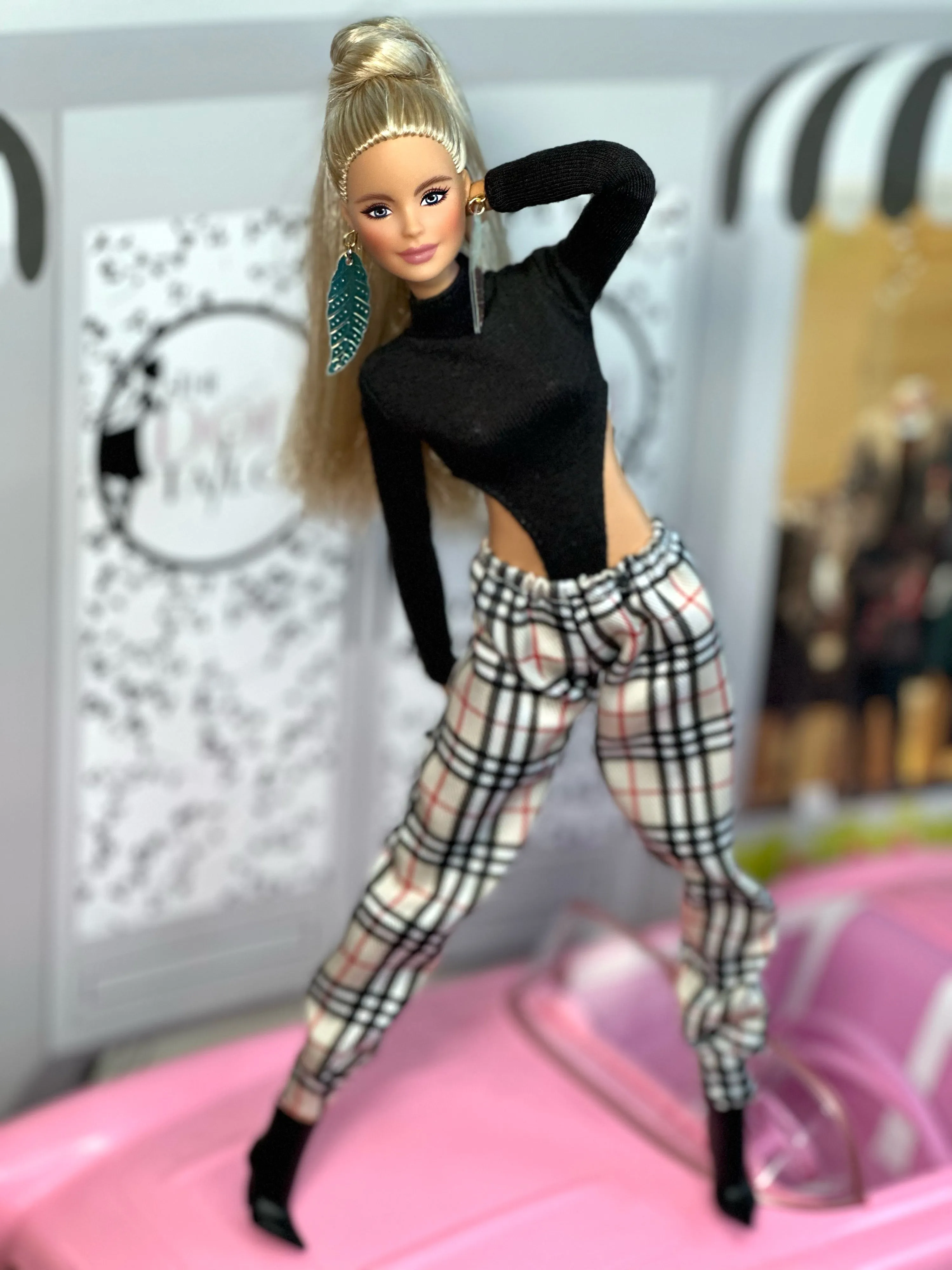 Black bodysuit for Barbie dolls tartan sweatpants