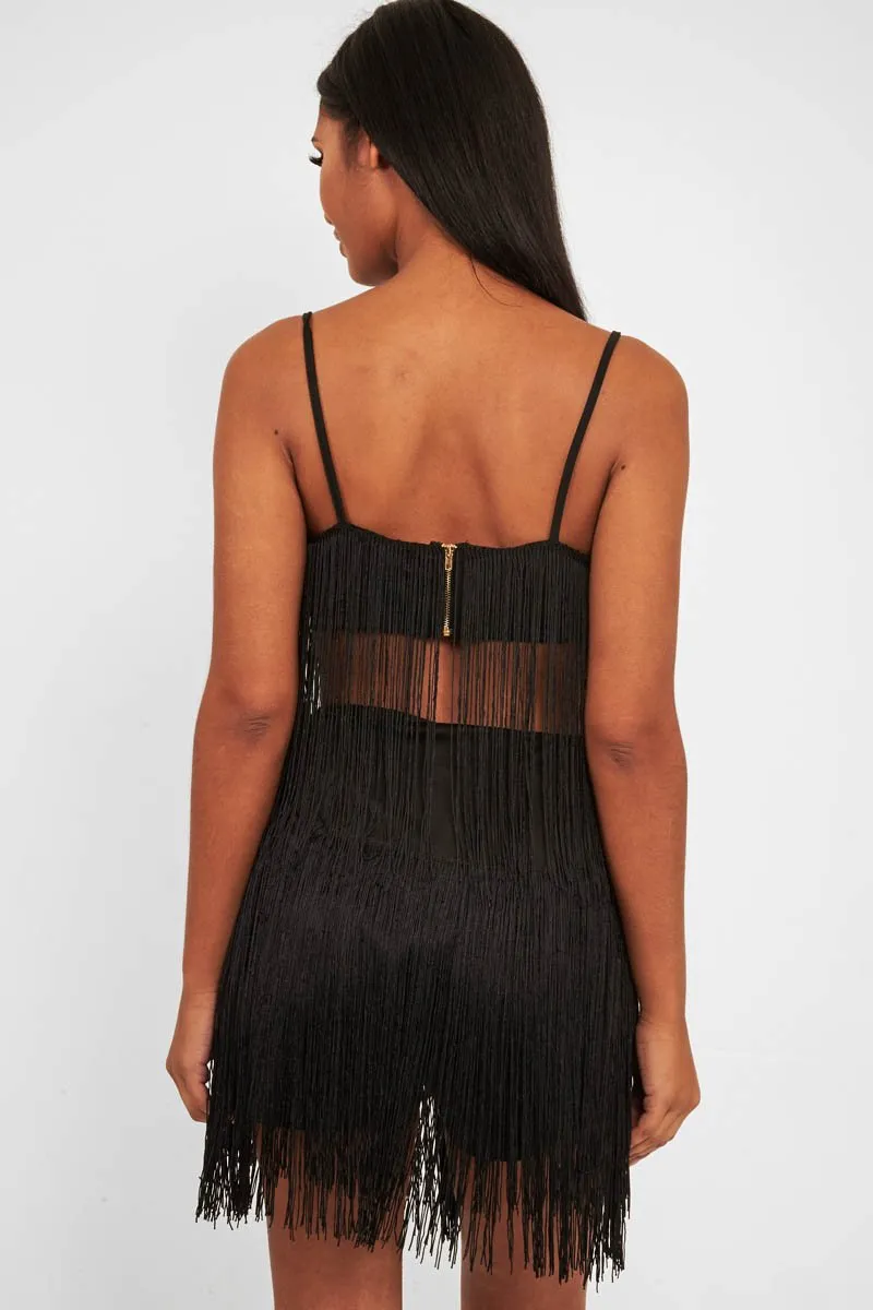 Black Fringe Crop Top Shorts Co-Ord - Lylith