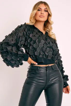 Black Geometric Applique Button Front Cropped Shirt - Kabella