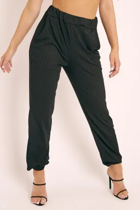 Black Ribbed Cuffed Trousers - Scarletta