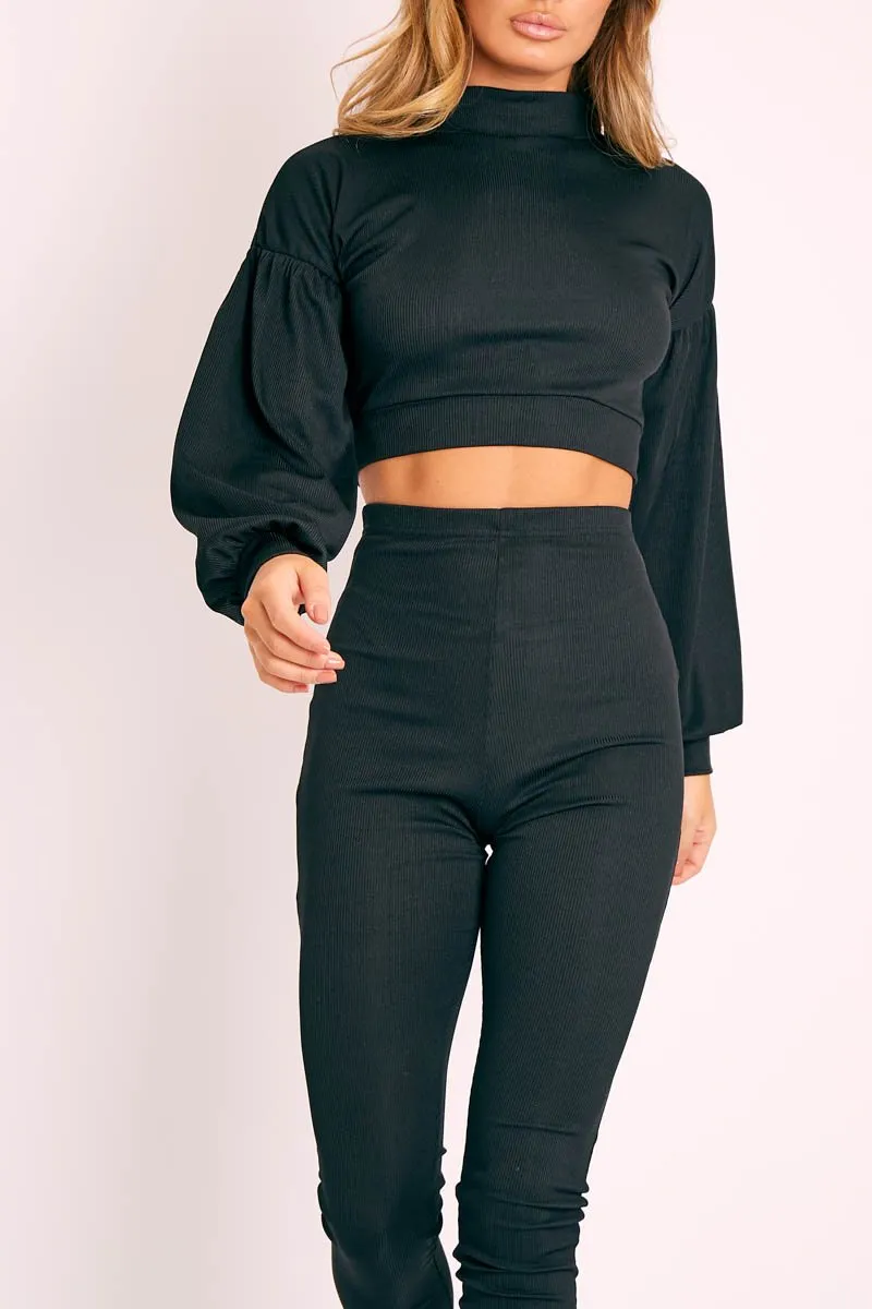 Black Ribbed Puff Sleeve Top Loungewear Co-ord - Effy