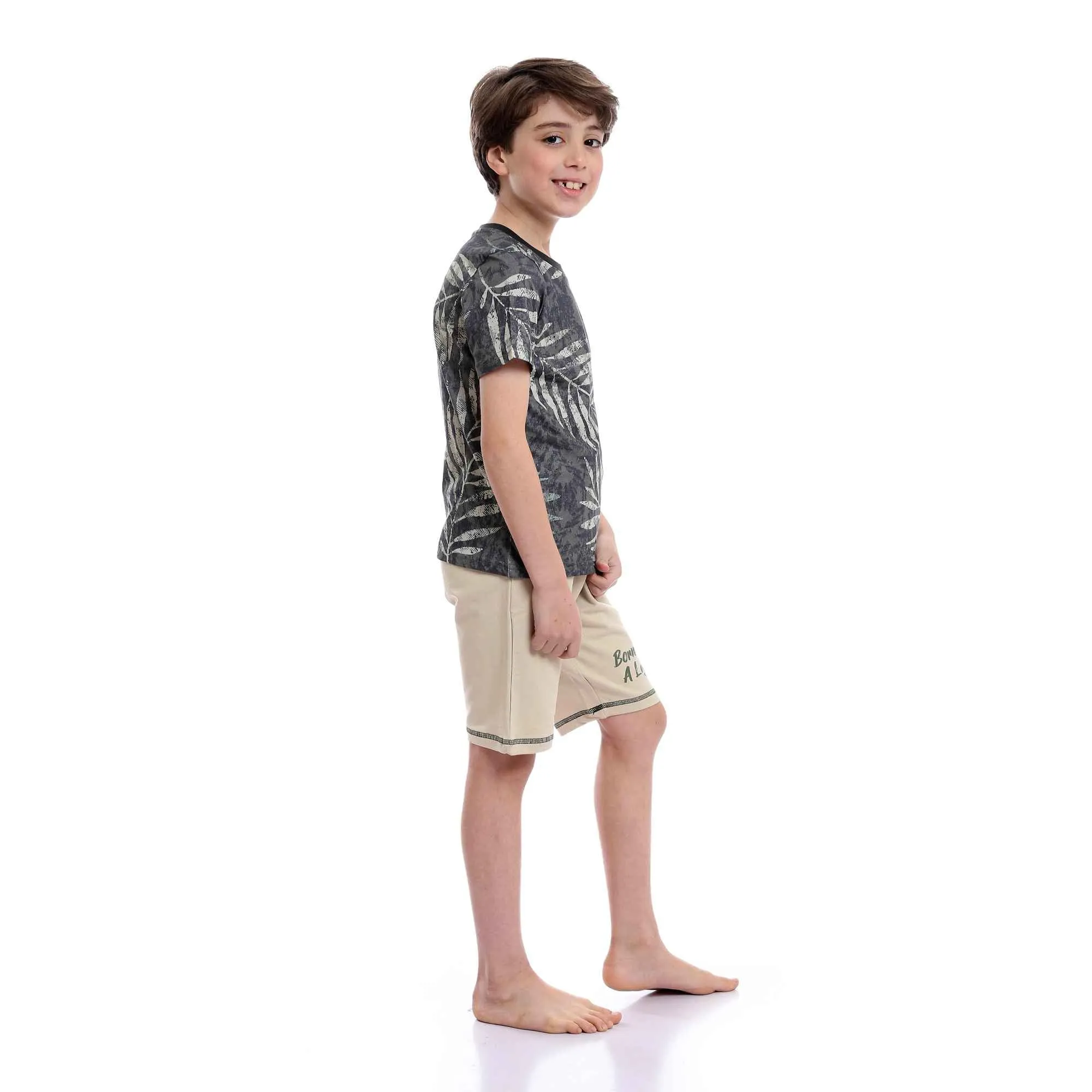 Boys Patterned Tee & Printed Shorts Pajama Set - Olive & Beige