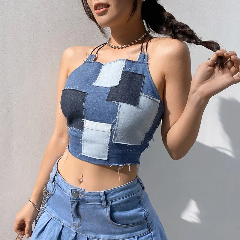 Patchwork Cute Denim Tank Top Backless Sexy Cut Out Cross Lace Up Cropped Jeans Sleeveless