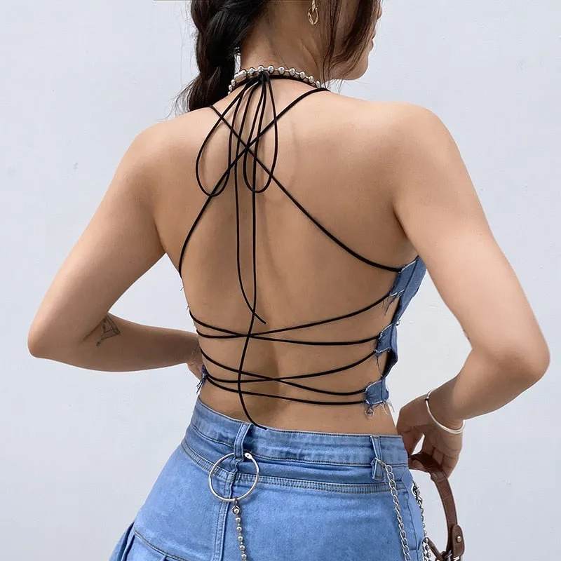 Patchwork Cute Denim Tank Top Backless Sexy Cut Out Cross Lace Up Cropped Jeans Sleeveless