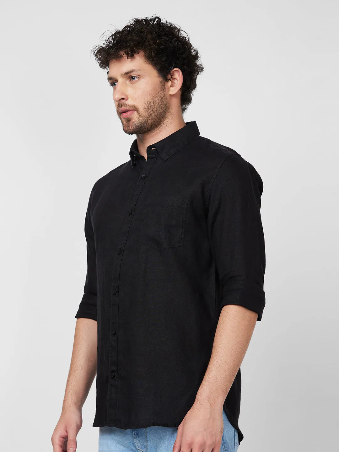 Spykar Full Sleeve Solid Black Shirt For Men