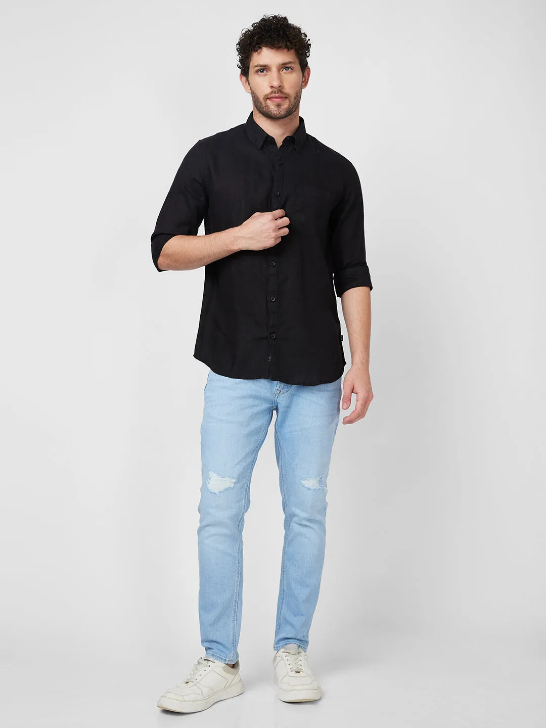 Spykar Full Sleeve Solid Black Shirt For Men