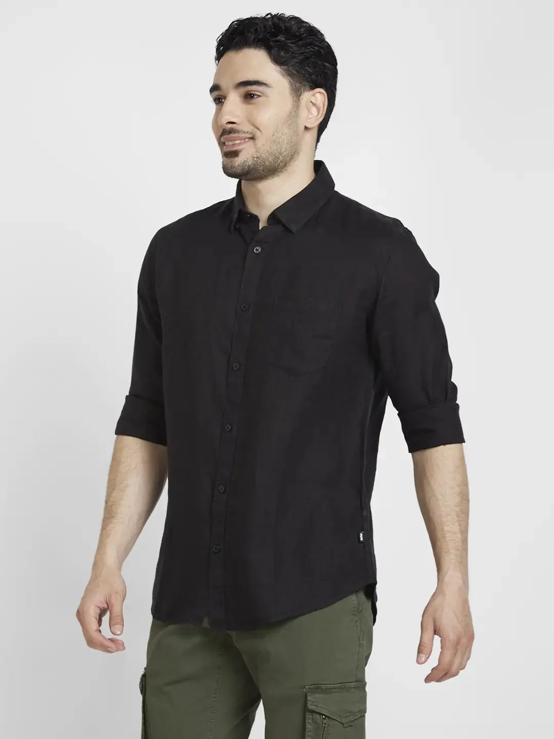 Spykar Men Black Linen Slim Fit Plain Shirt