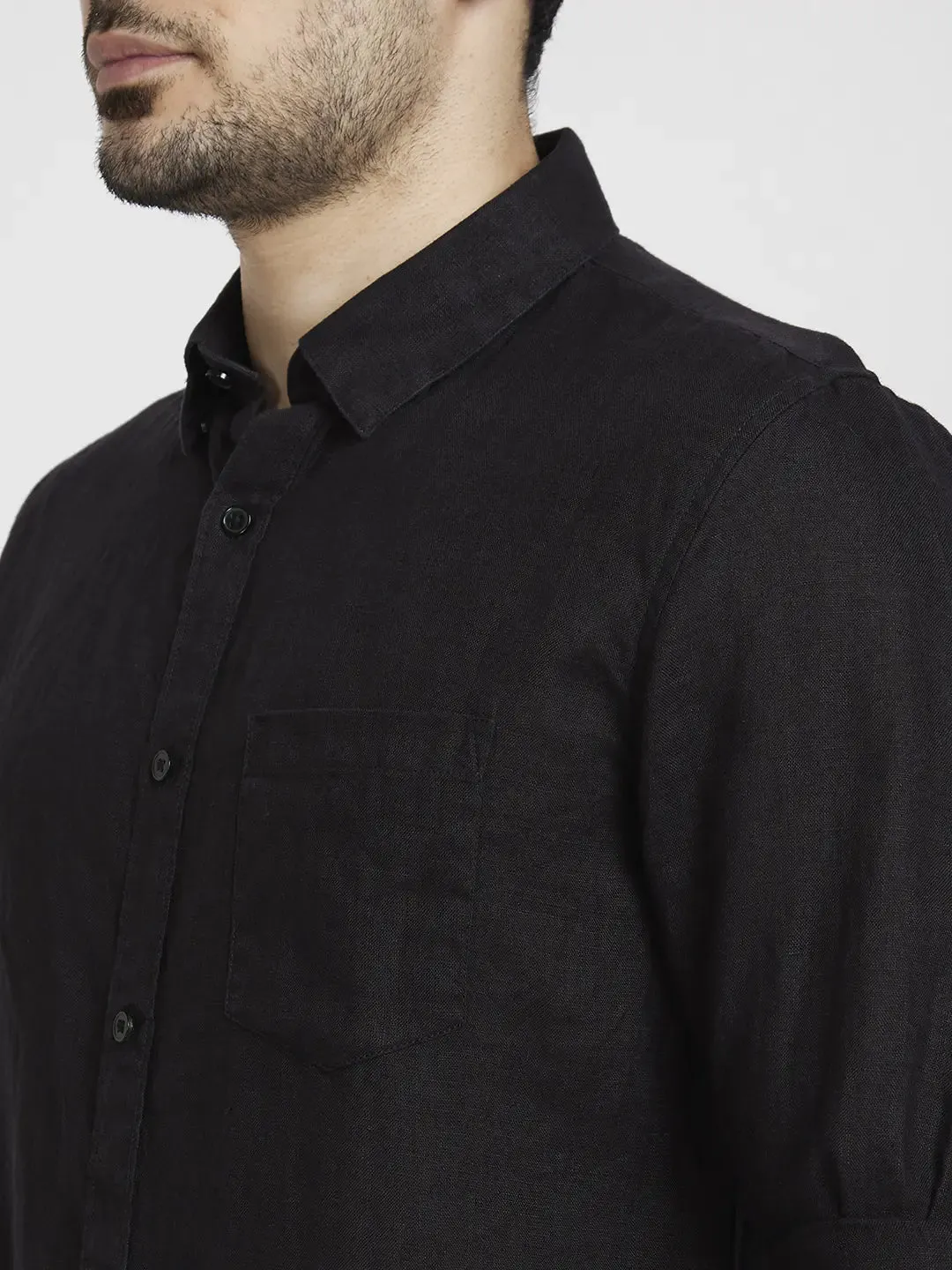 Spykar Men Black Linen Slim Fit Plain Shirt