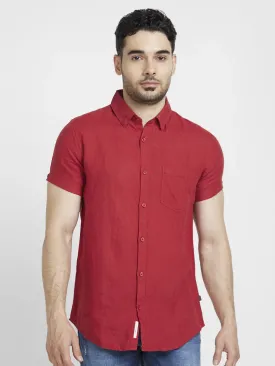 Spykar Men Brick Red Linen Regular Slim Fit Half Sleeve Plain Shirt