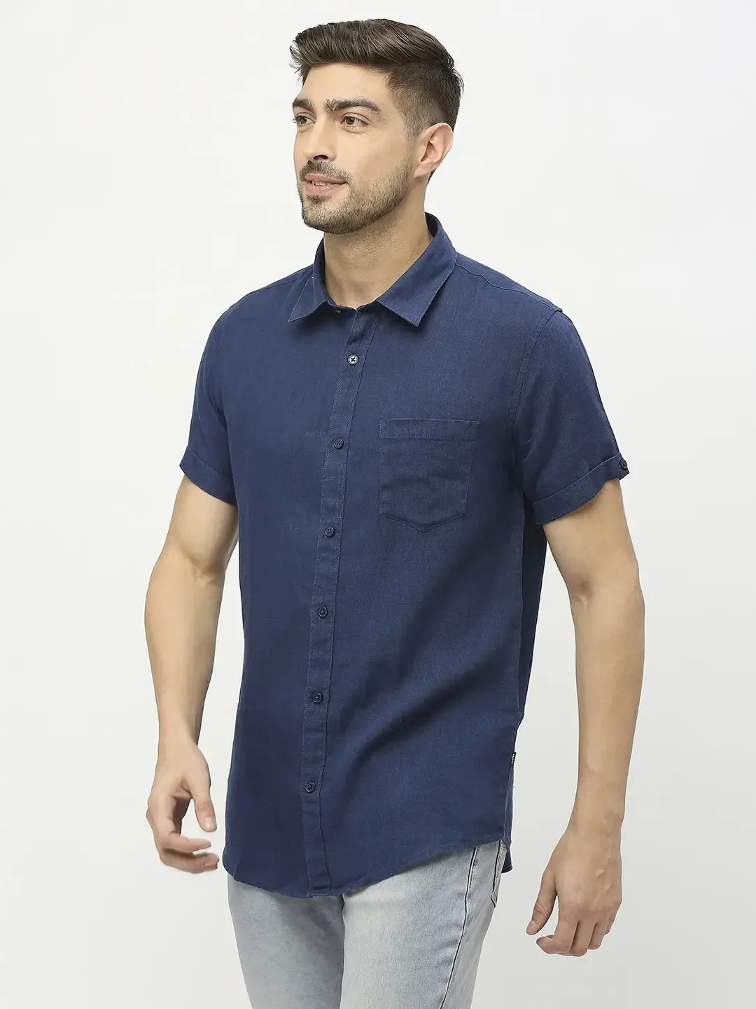 Spykar Men Navy Blue Linen Regular Fit Half Sleeve Plain Shirts