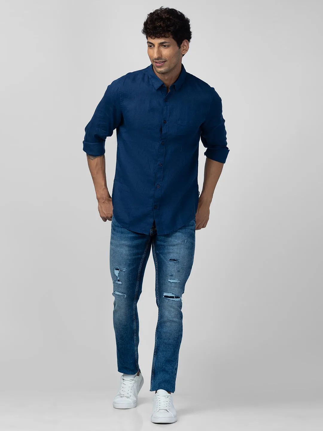 Spykar Men Navy Blue Linen Regular Slim Fit Plain Shirt