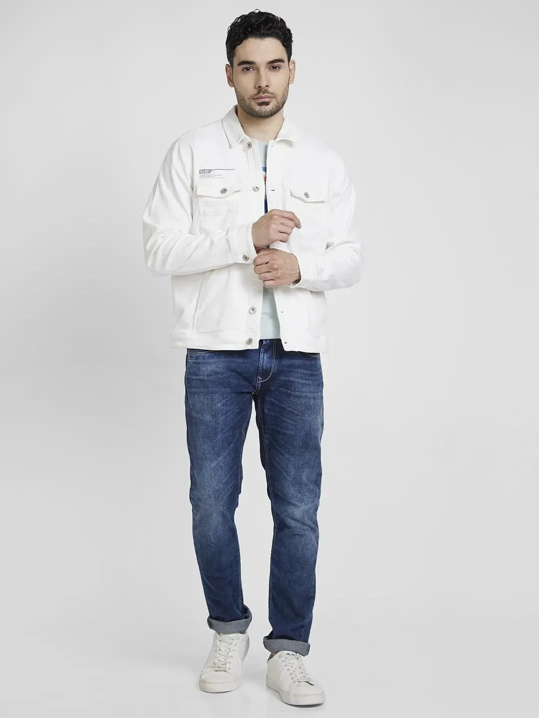 Spykar Men White Cotton Regular Fit Denim Jacket