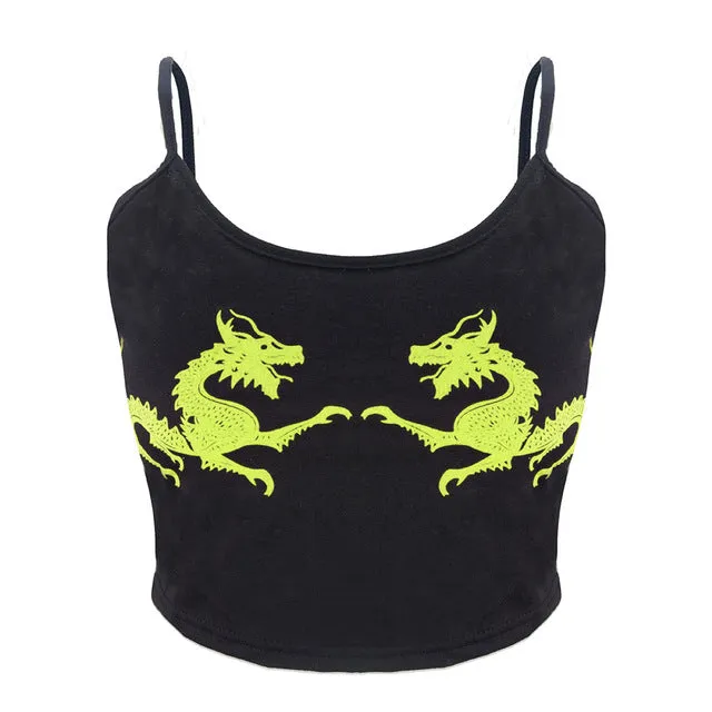 Women femme U Neck Fitness Casual Sexy Fashion Sleeveless Cropped Crop Tops Polyester Dragon Pattern vest